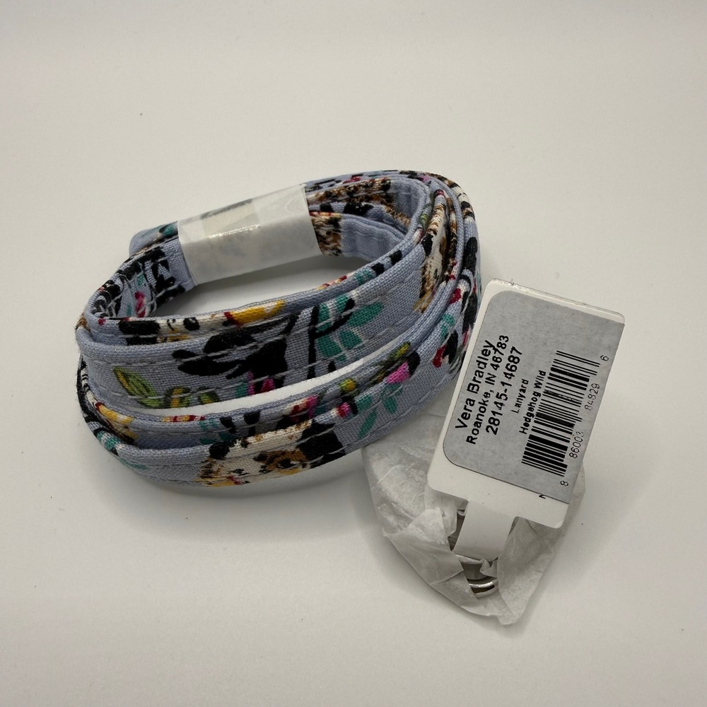 Retired Vera Bradley Lanyard Hedgehog Wild Blue Floral Cotton ID Key Holder NWT